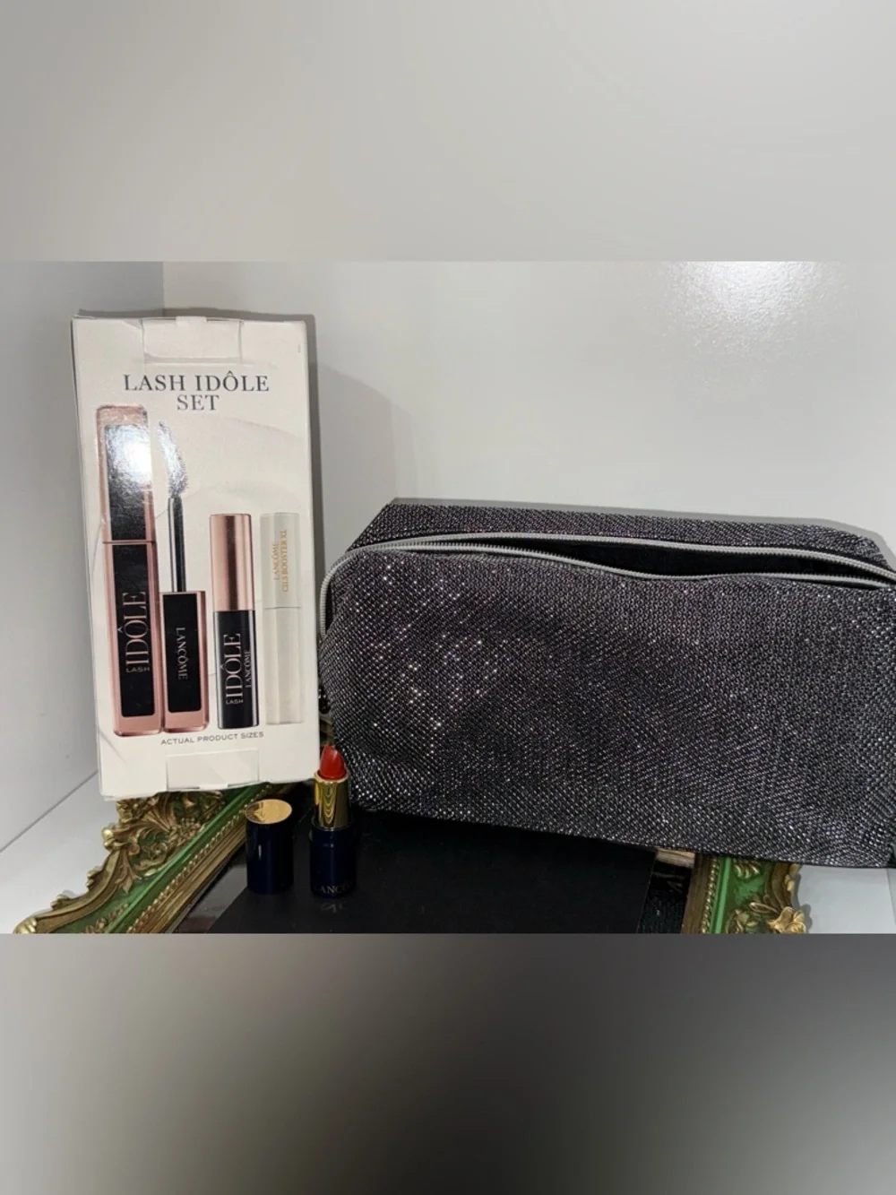 Lancome Lash Idole Set with glitter bag and lipstick mini